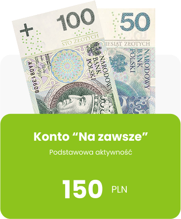 banknoty 100 zł i 50 zł napisem: konto na zawsze 150 pln