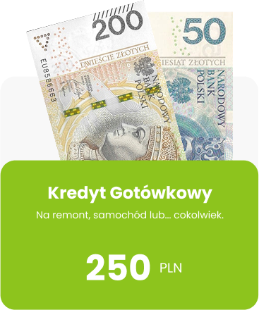 banknoty 200 zł i 50 zł z napisem: kredyt gotówkowy 250 pln