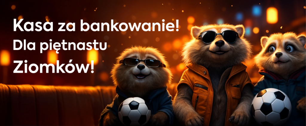 Trzy wiewiórki w okularach przeciwsłonecznych trzymają piłki obok napis "Kasa za bankowanie! Dla piętnastu Ziomków!"